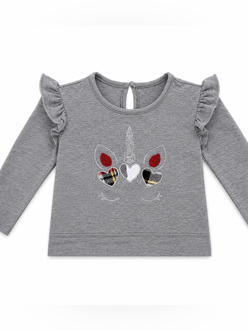btween Grey Unicorn Heart Ruffle-Sleeve Sweatshirt with Red Accents